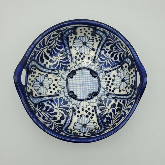 Mexican Handled Bowl Made in Mexico Blue & White Serving Candy Trinket Dish - Picture 3 of 9